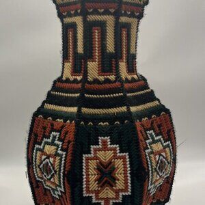 Vtg Plastic Canvas Vase Needle Point Cross Home Decor Granny Cottage Core